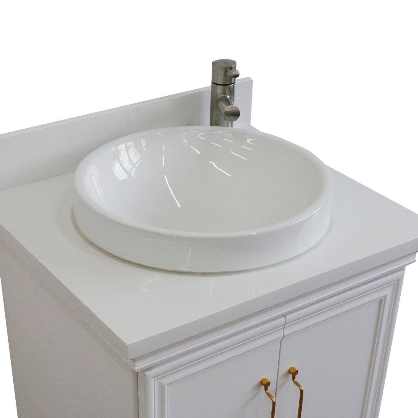 25" Single vanity in White finish with White engineered stone and round sink