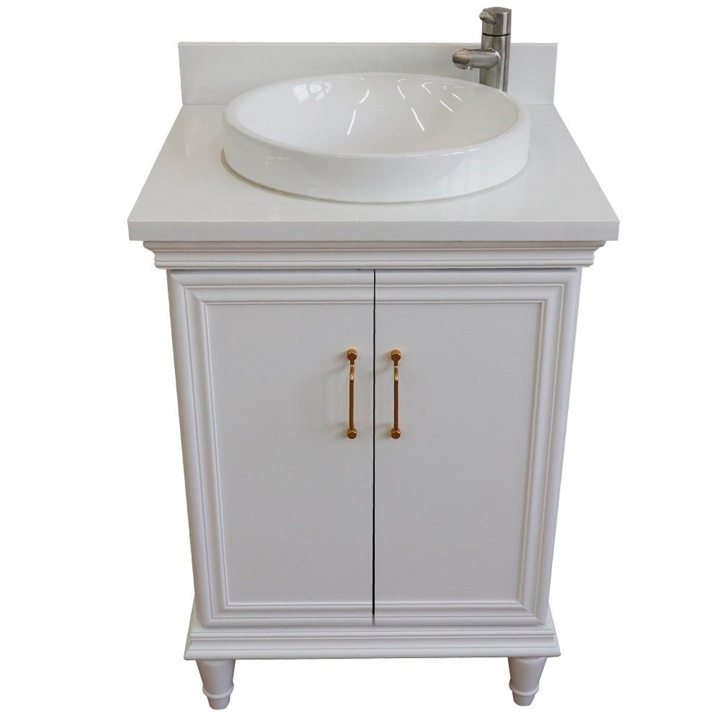 25" Single vanity in White finish with White engineered stone and round sink