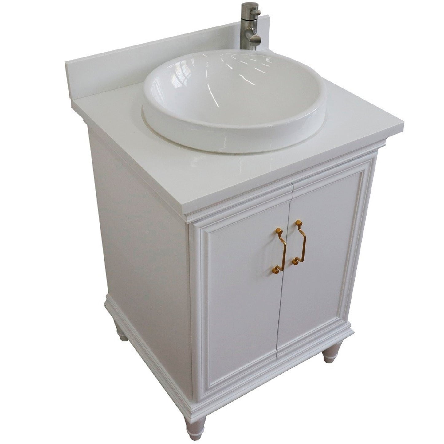 25" Single vanity in White finish with White engineered stone and round sink