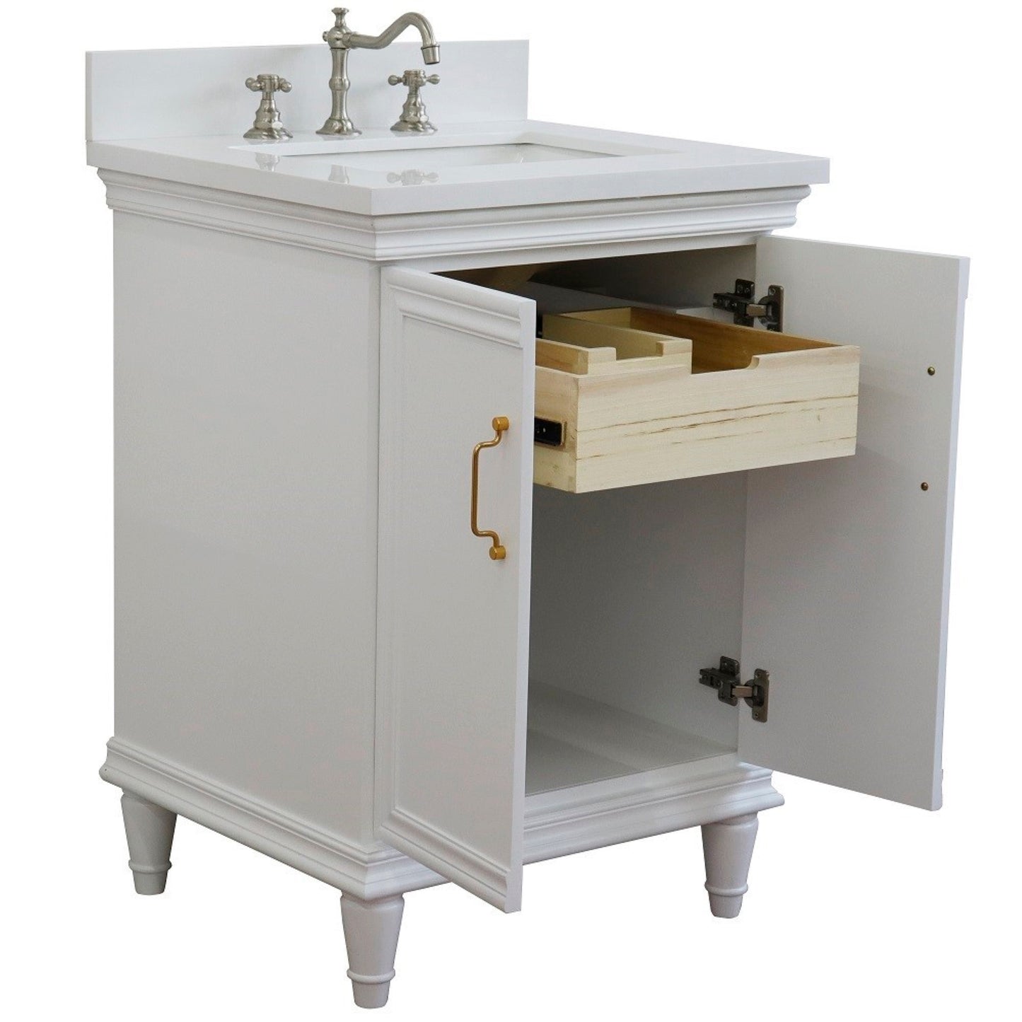25" Single vanity in White finish with White engineered stone and rectangle sink