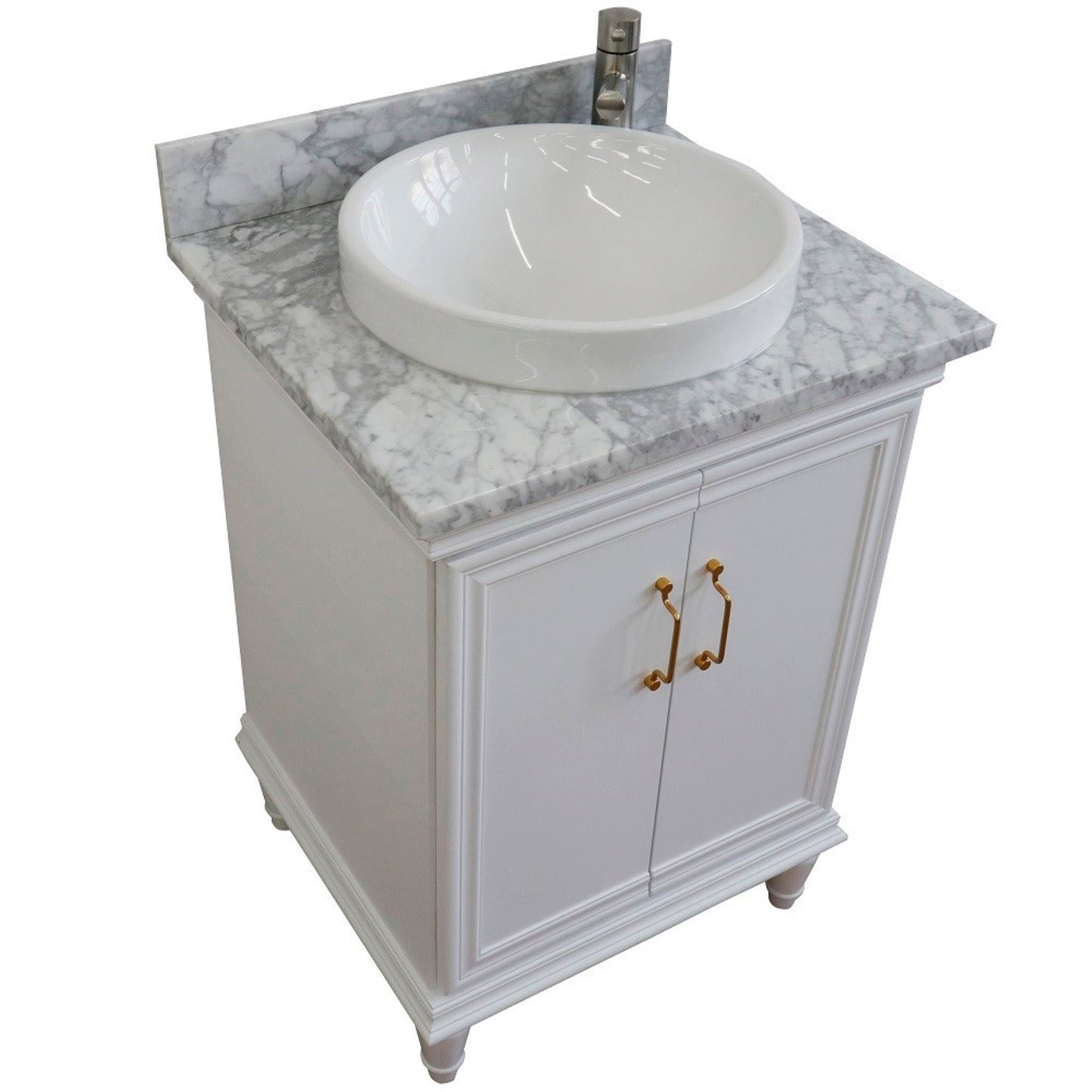 25" Single vanity in White finish with White Carrara and round sink