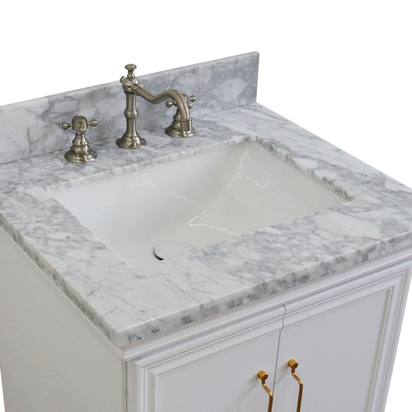 25" Single vanity in White finish with White Carrara and rectangle sink