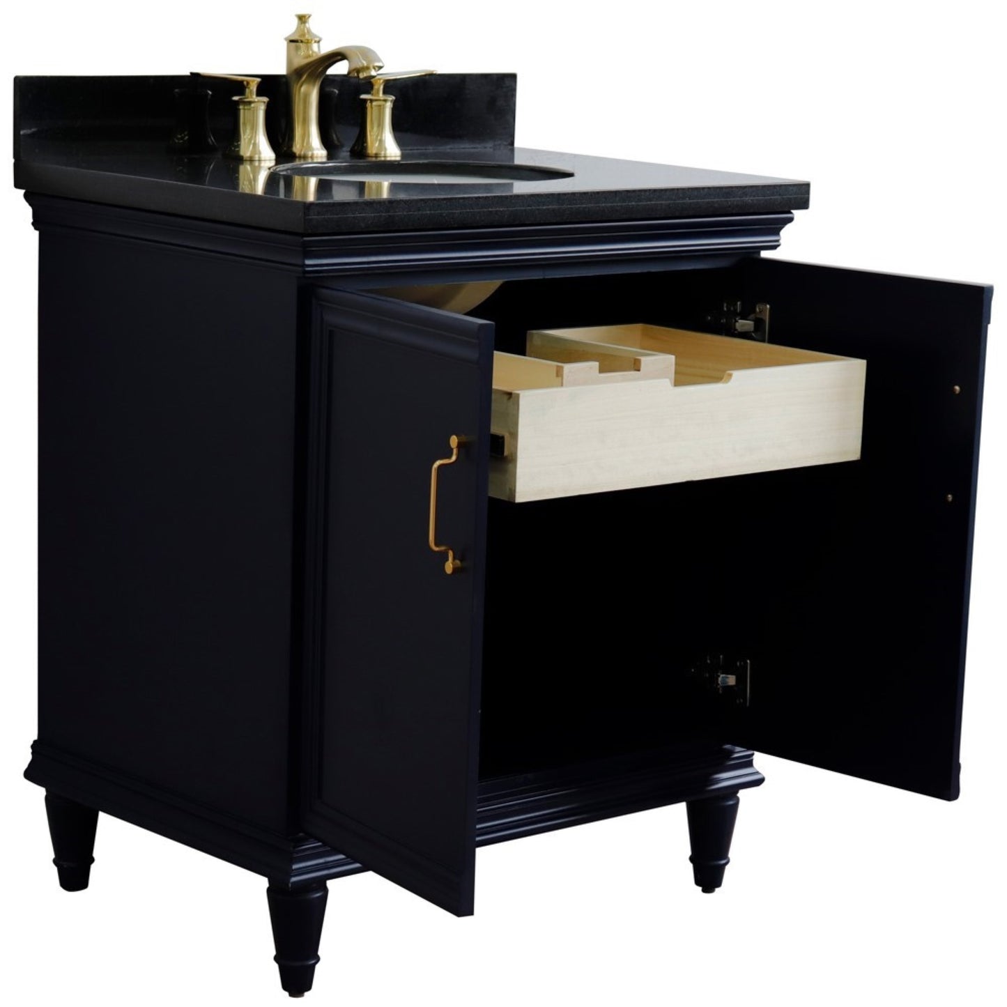 31" Single vanity in Blue finish with Black galaxy and oval sink
