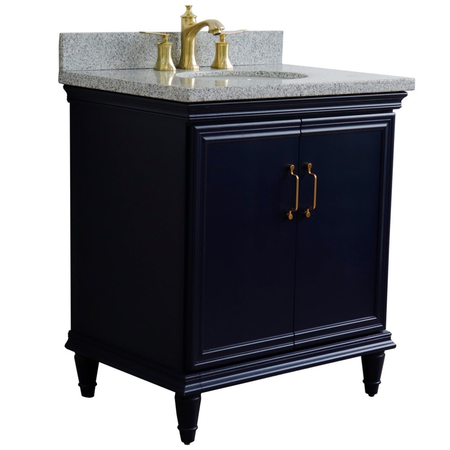 31" Single vanity in Blue finish with Gray granite and oval sink
