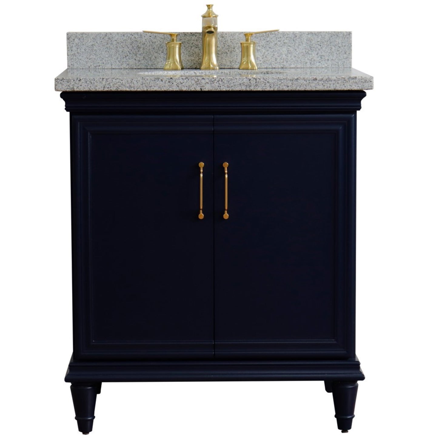 31" Single vanity in Blue finish with Gray granite and oval sink