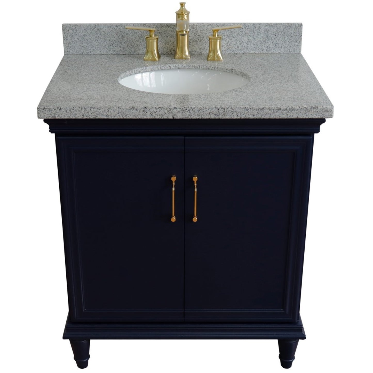 31" Single vanity in Blue finish with Gray granite and oval sink