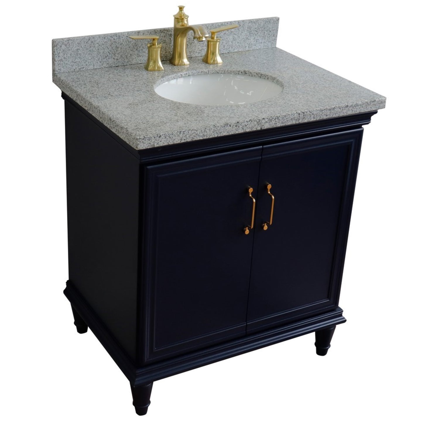 31" Single vanity in Blue finish with Gray granite and oval sink