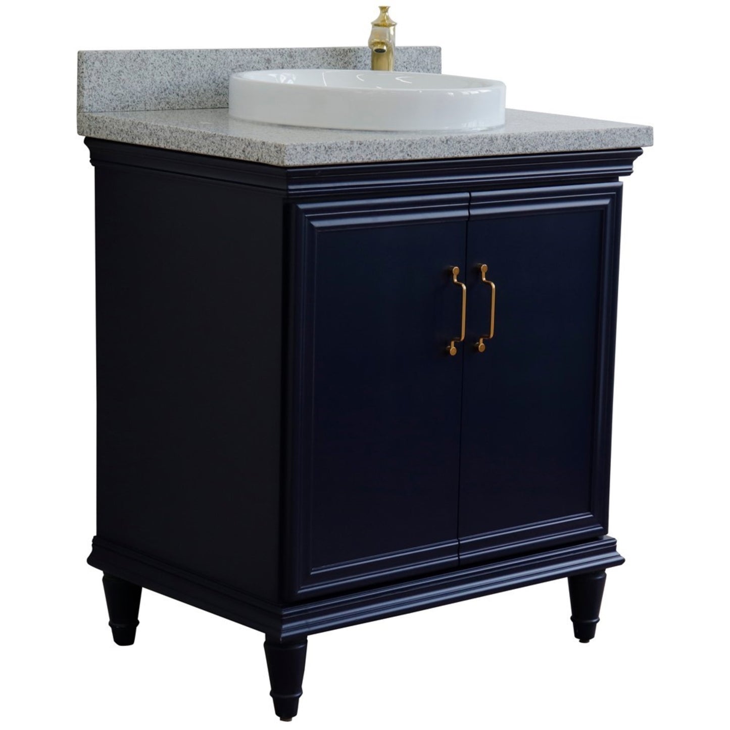 31" Single vanity in Blue finish with Gray granite and round sink