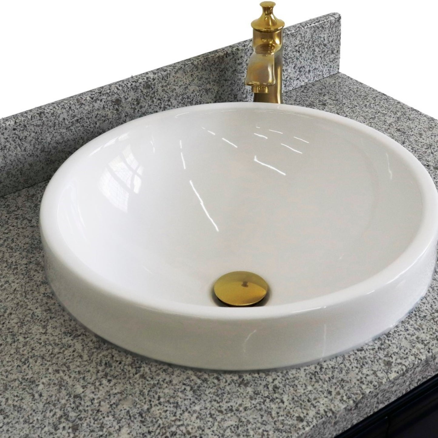 31" Single vanity in Blue finish with Gray granite and round sink