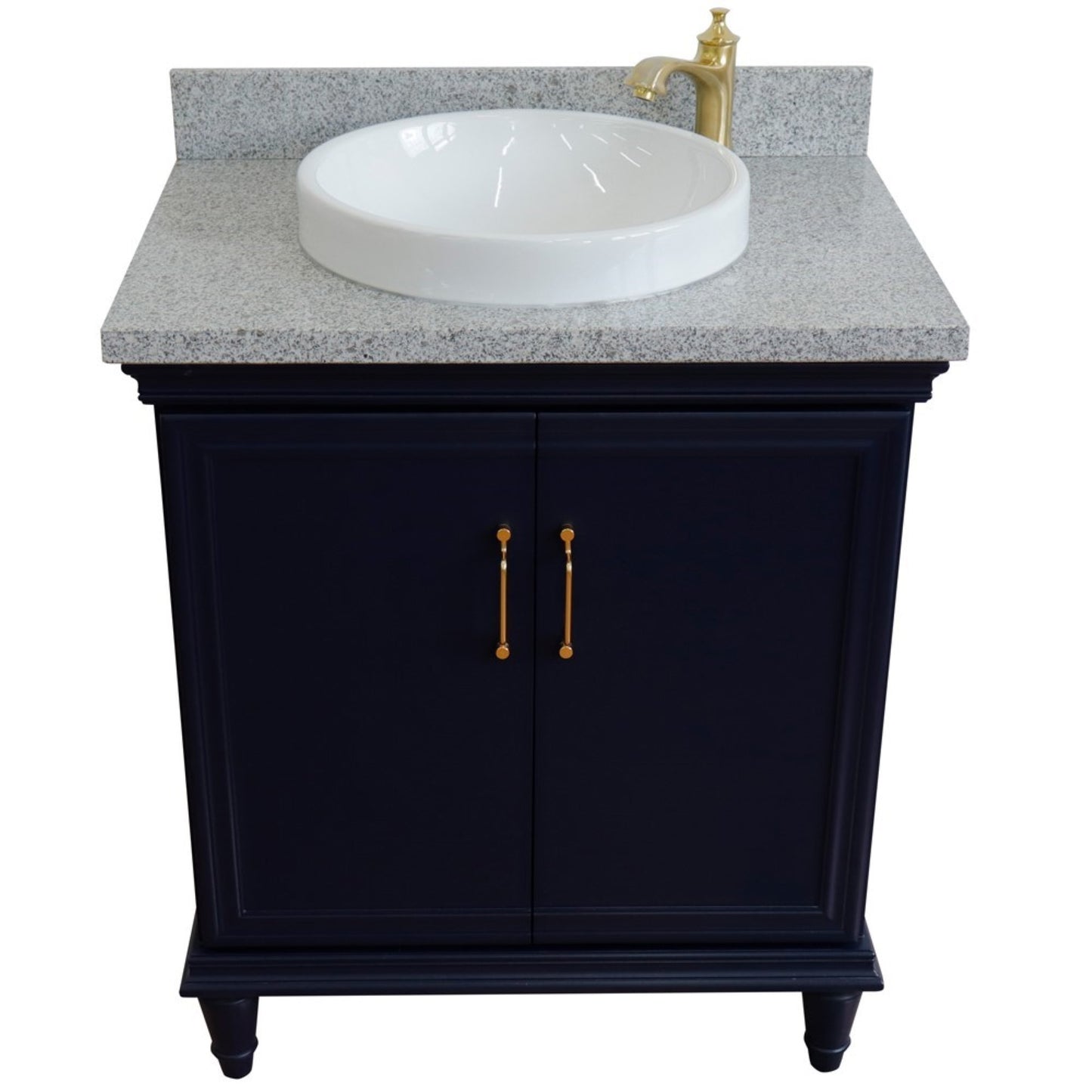 31" Single vanity in Blue finish with Gray granite and round sink