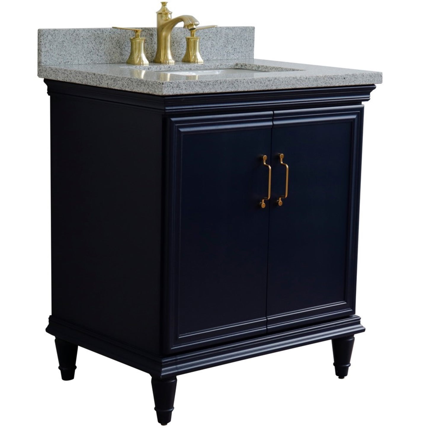 31" Single vanity in Blue finish with Gray granite and rectangle sink
