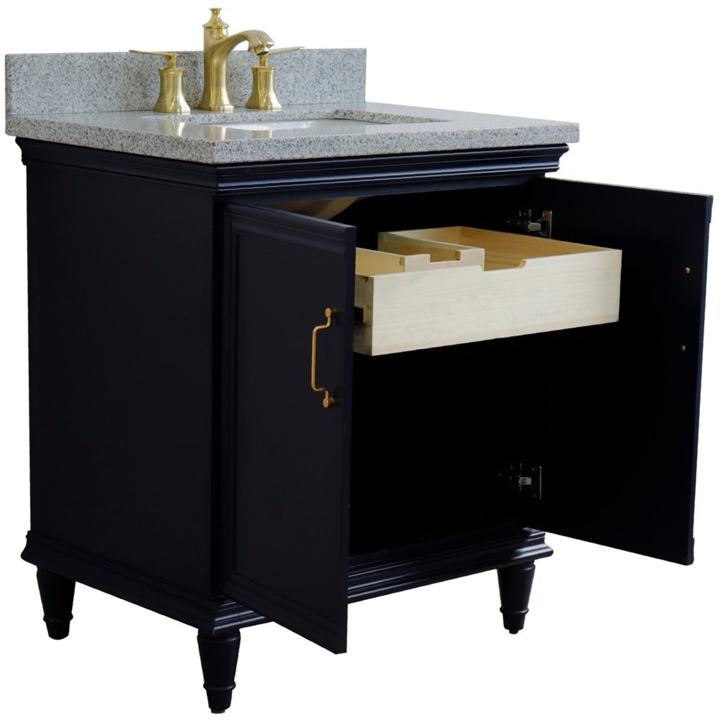 31" Single vanity in Blue finish with Gray granite and rectangle sink