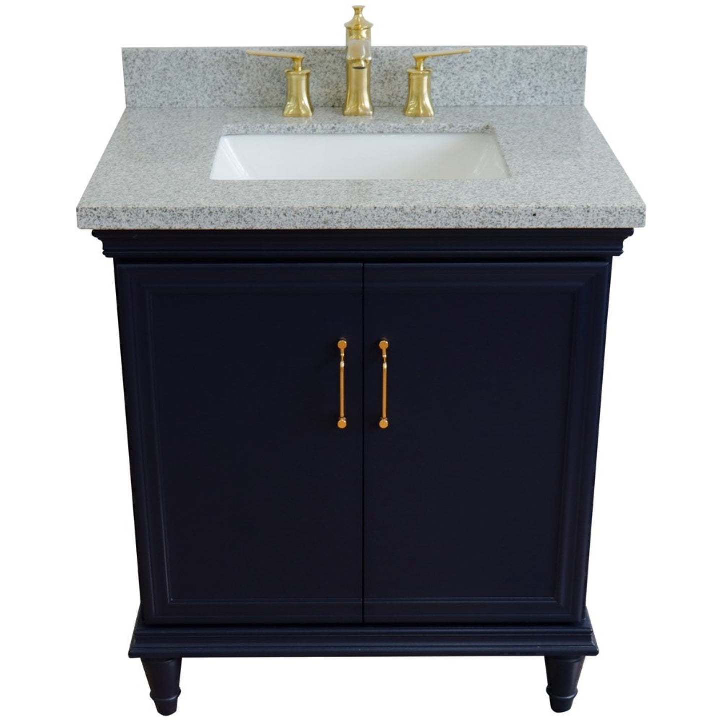 31" Single vanity in Blue finish with Gray granite and rectangle sink