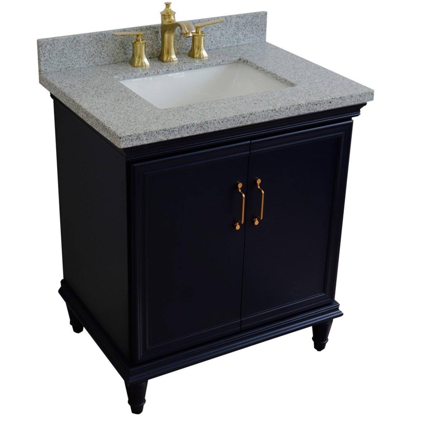 31" Single vanity in Blue finish with Gray granite and rectangle sink