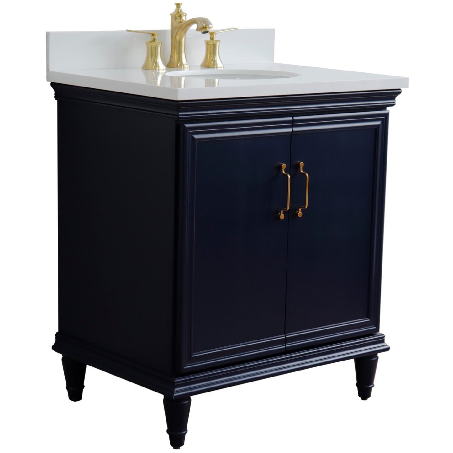 31" Single vanity in Blue finish with White engineered stone and oval sink