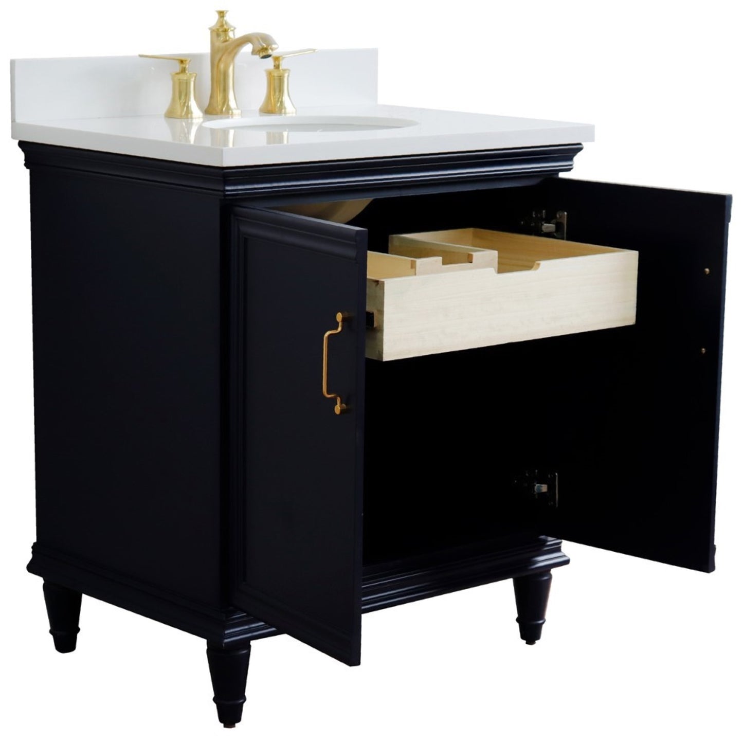 31" Single vanity in Blue finish with White engineered stone and oval sink