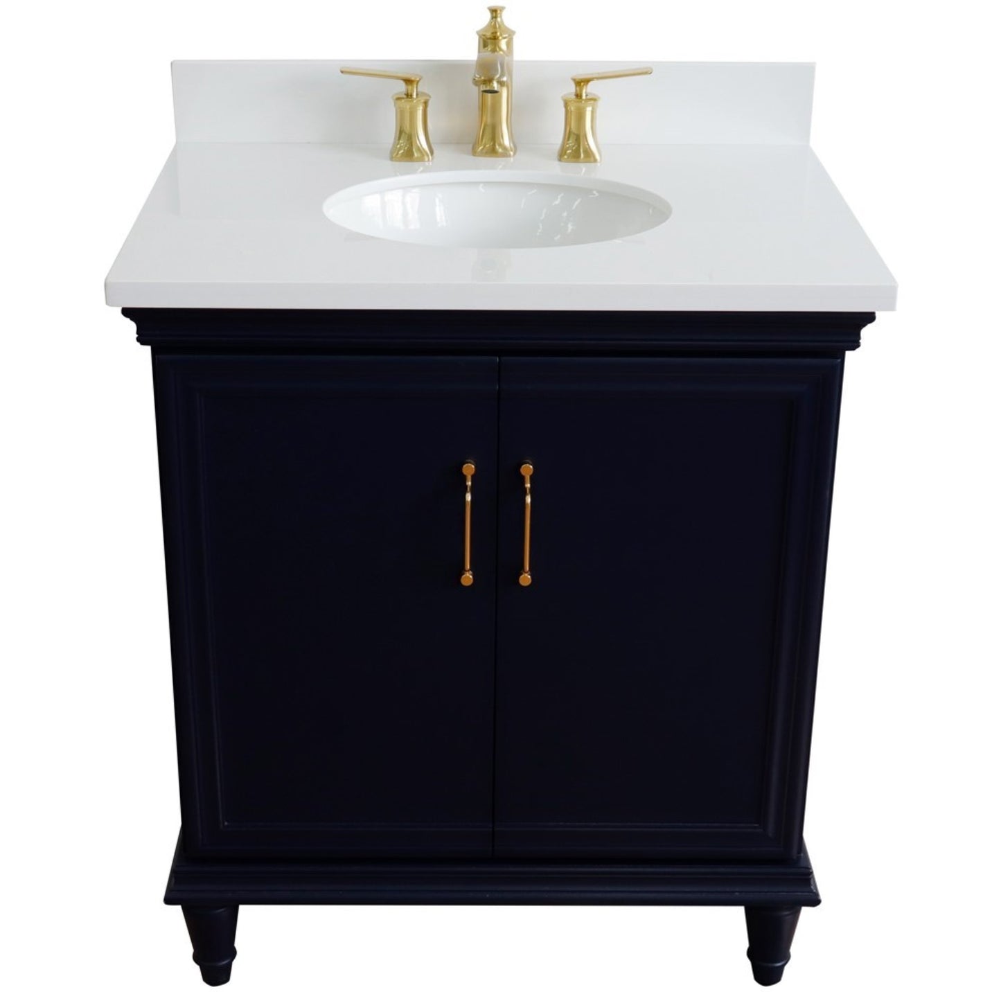 31" Single vanity in Blue finish with White engineered stone and oval sink