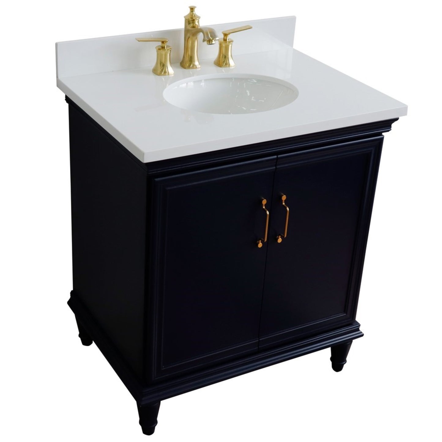 31" Single vanity in Blue finish with White engineered stone and oval sink