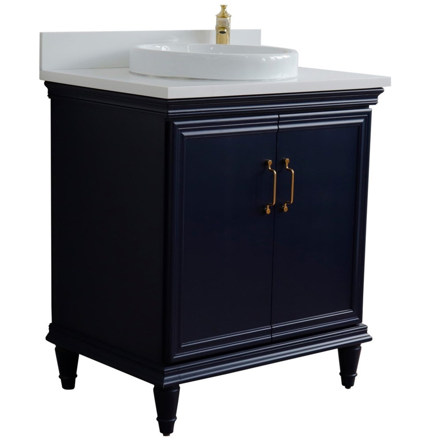 31" Single vanity in Blue finish with White engineered stone and round sink