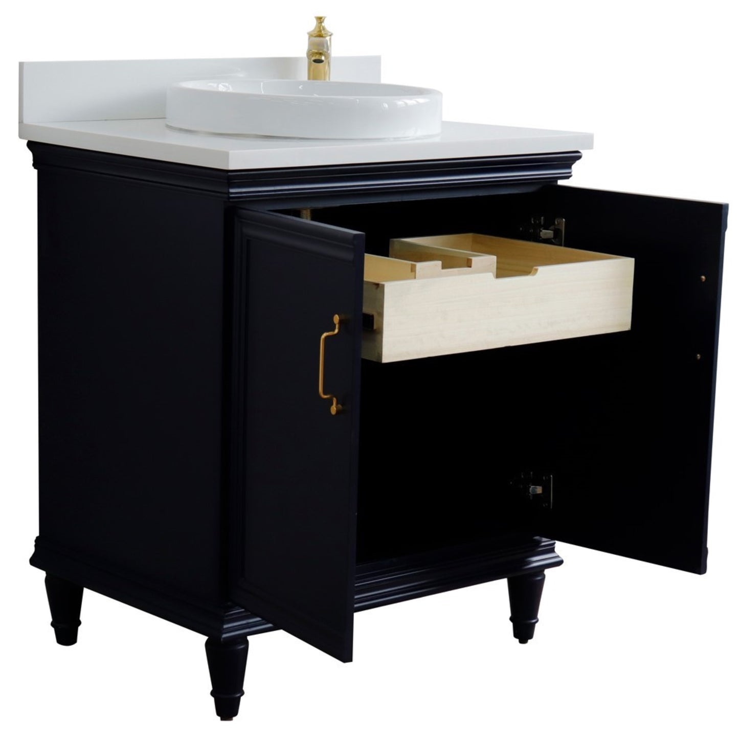 31" Single vanity in Blue finish with White engineered stone and round sink