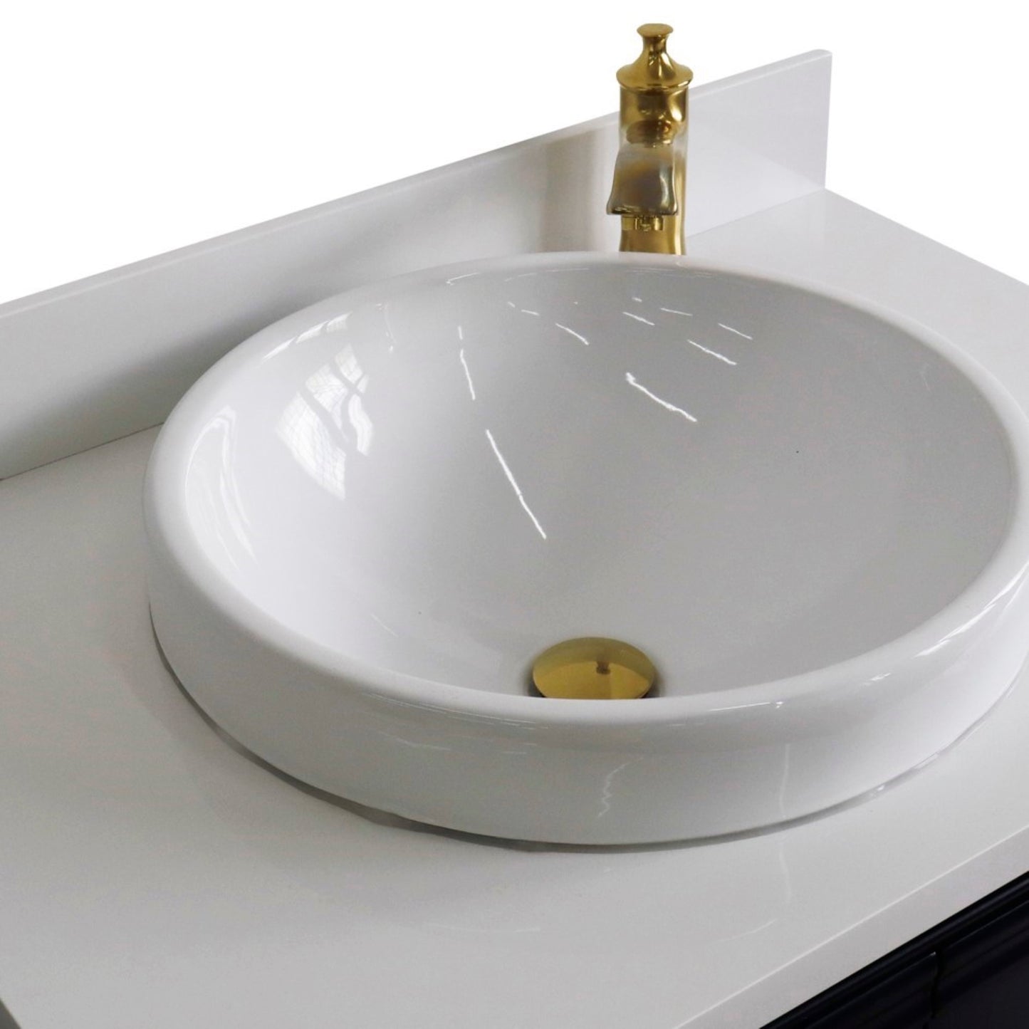 31" Single vanity in Blue finish with White engineered stone and round sink