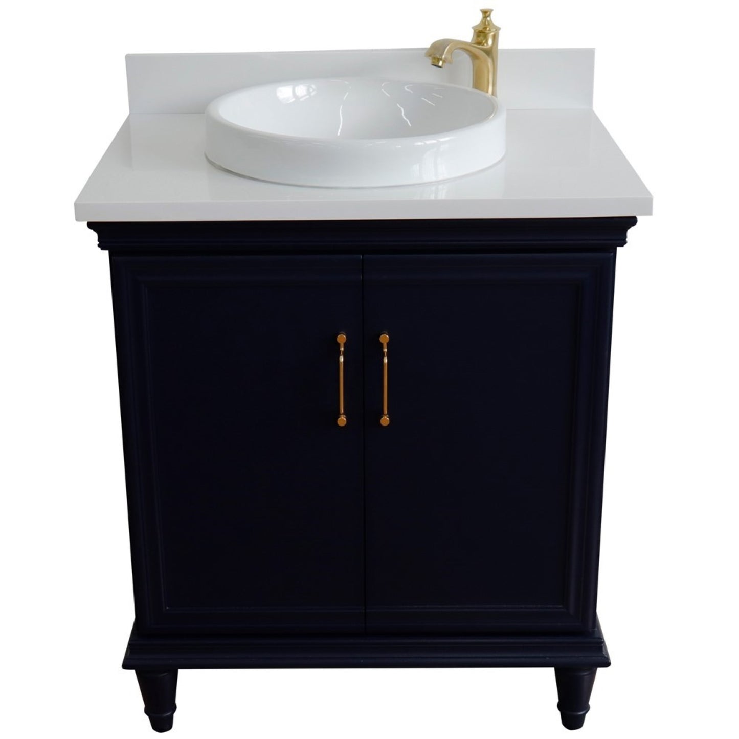 31" Single vanity in Blue finish with White engineered stone and round sink