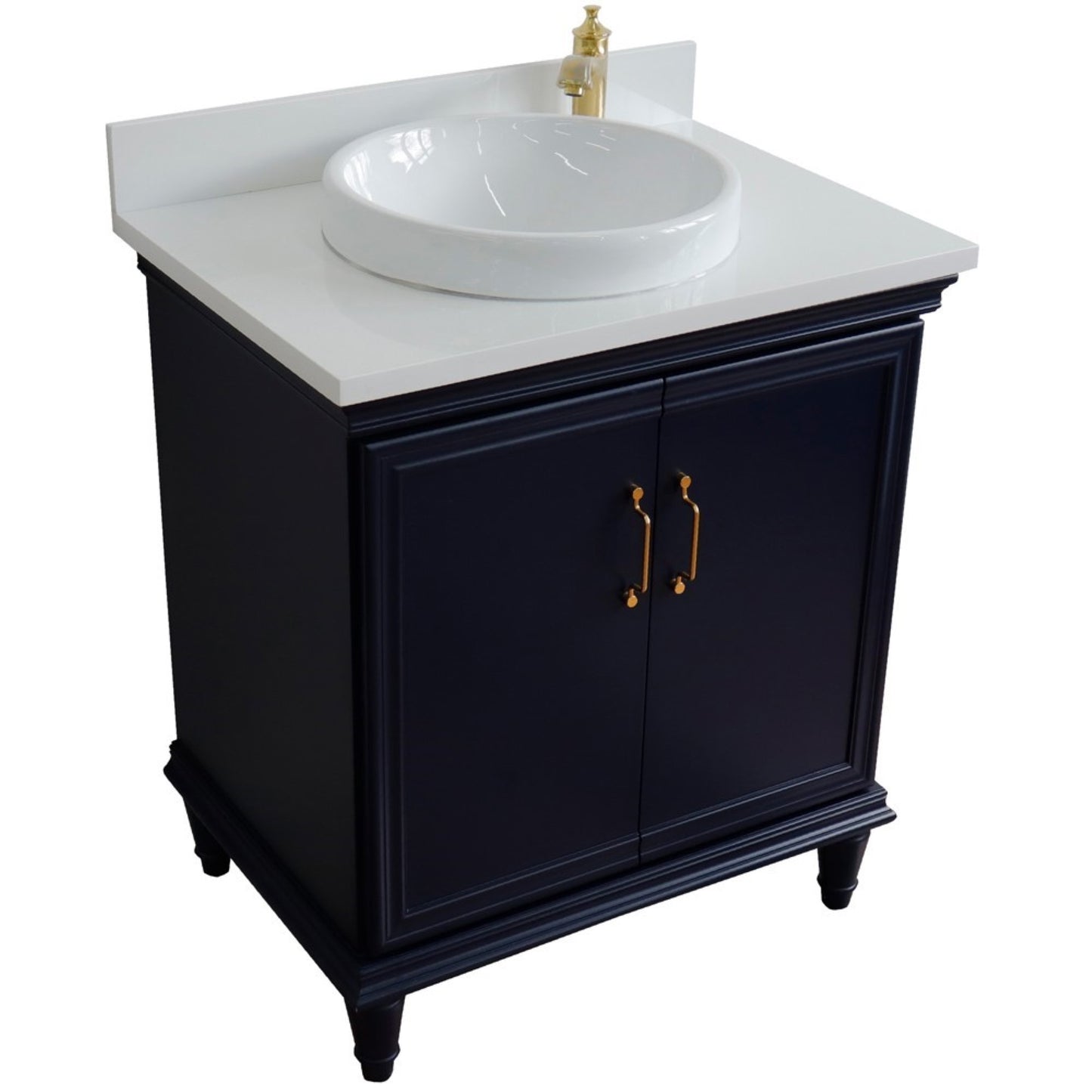 31" Single vanity in Blue finish with White engineered stone and round sink