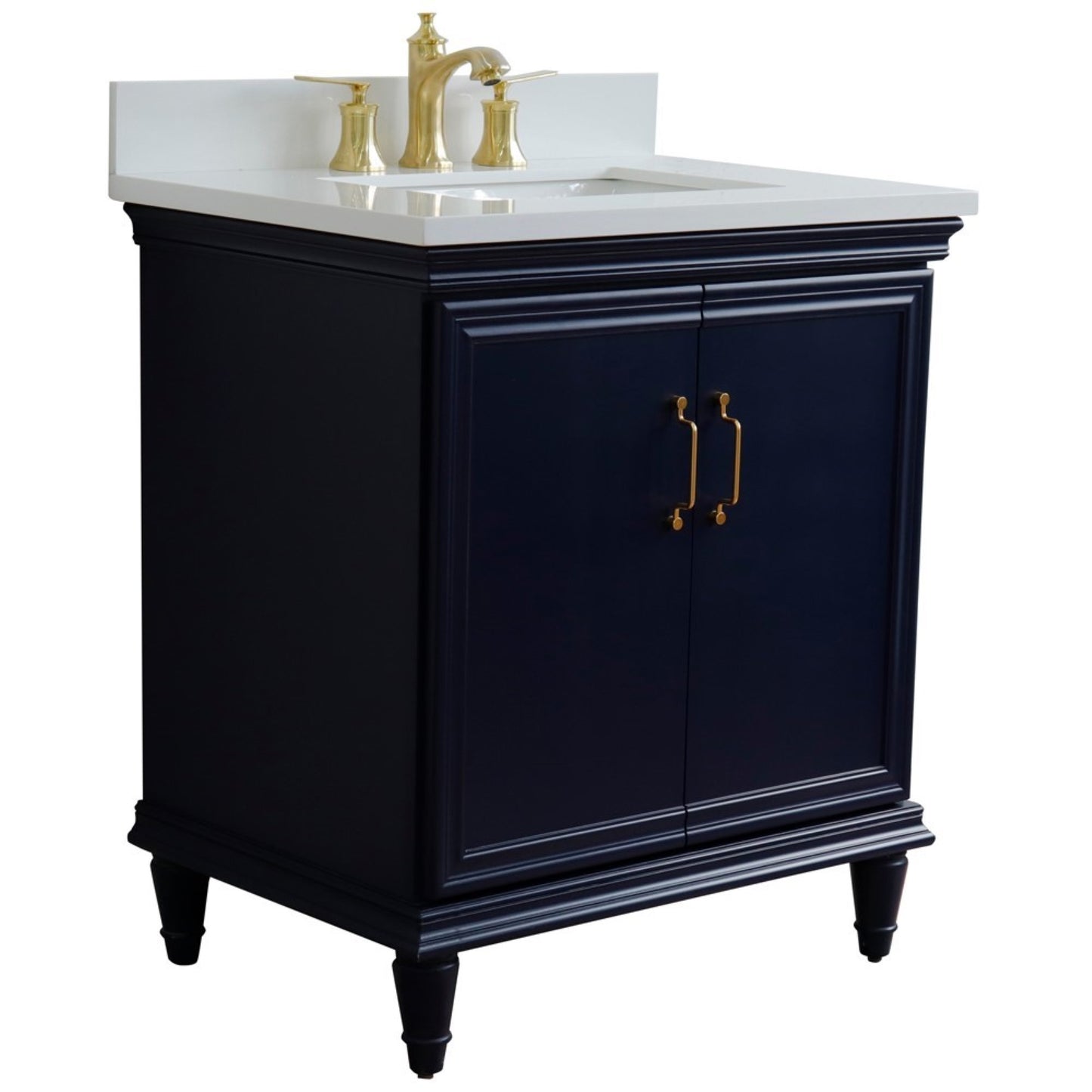 31" Single vanity in Blue finish with White engineered stone and rectangle sink