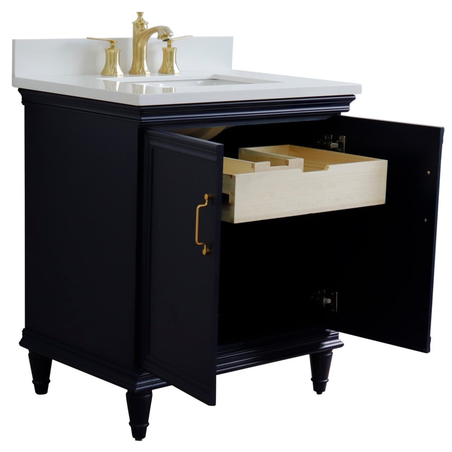 31" Single vanity in Blue finish with White engineered stone and rectangle sink