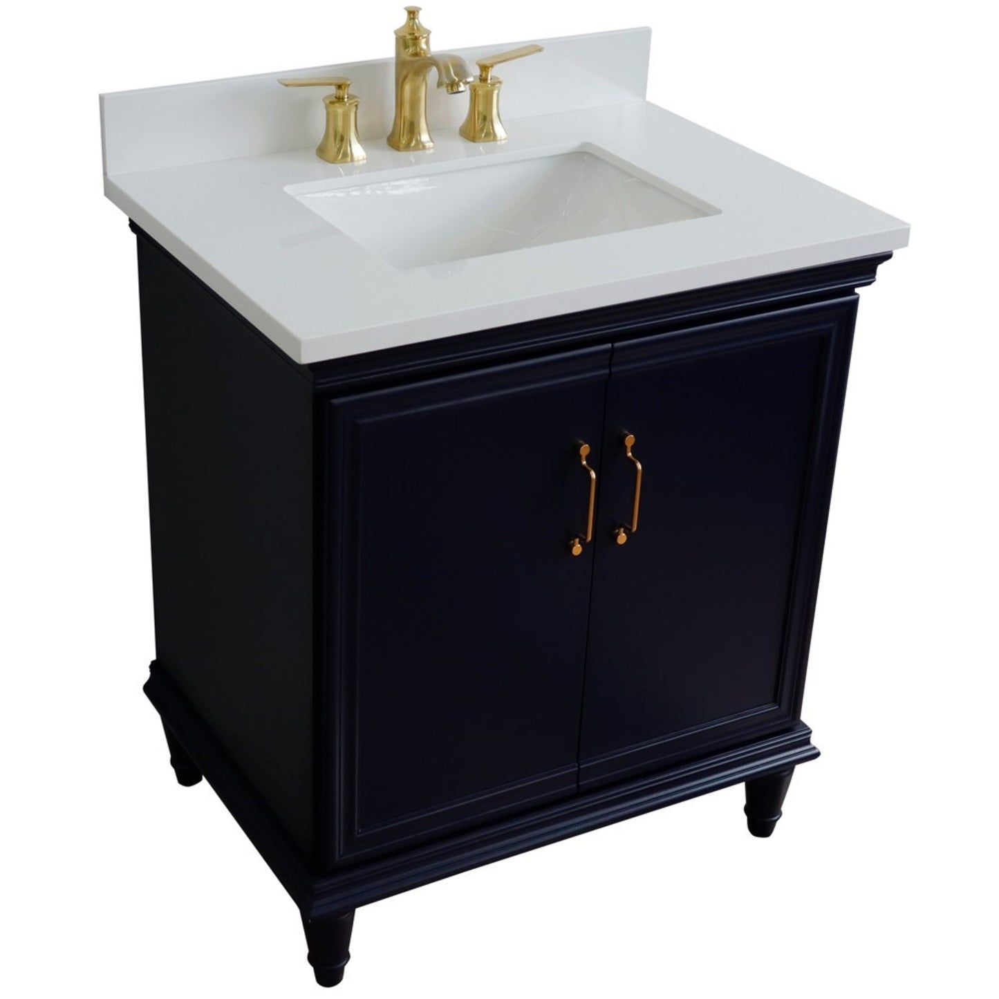 31" Single vanity in Blue finish with White engineered stone and rectangle sink