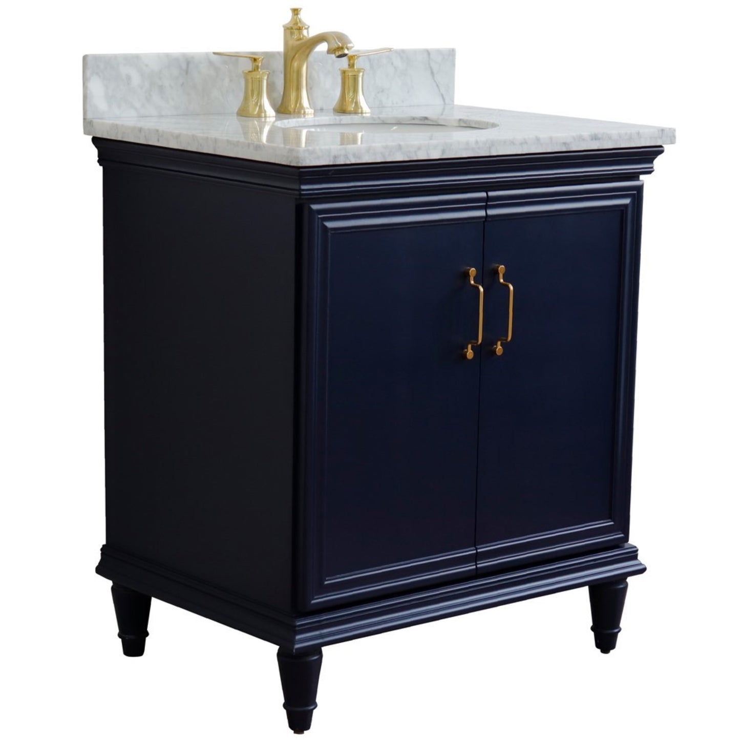 31" Single vanity in Blue finish with White Carrara and oval sink