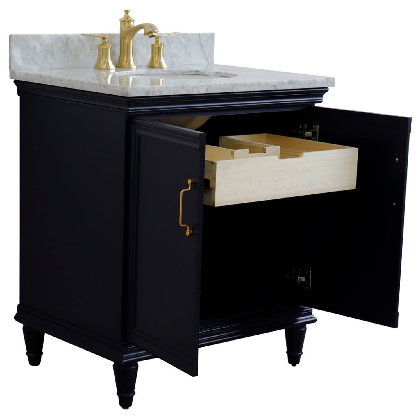 31" Single vanity in Blue finish with White Carrara and oval sink