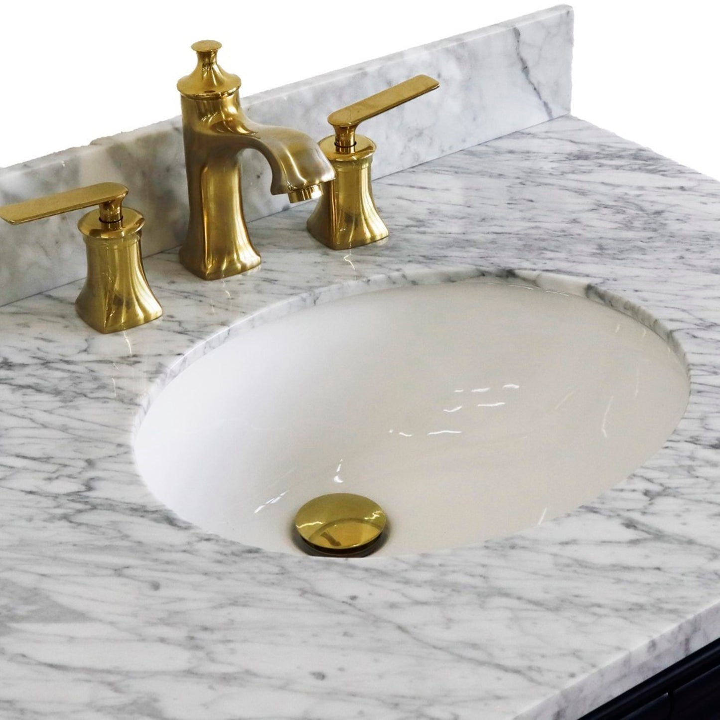 31" Single vanity in Blue finish with White Carrara and oval sink