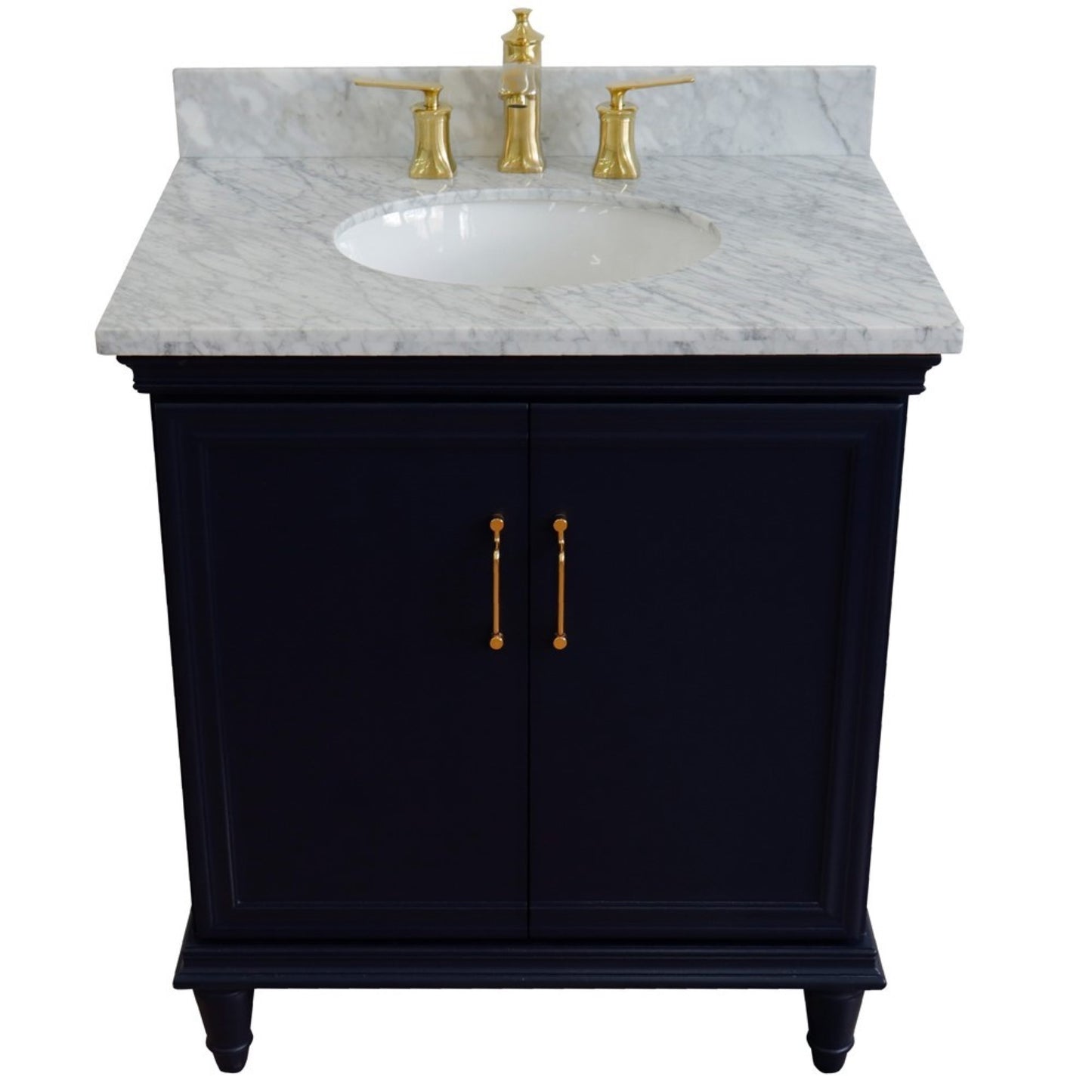 31" Single vanity in Blue finish with White Carrara and oval sink