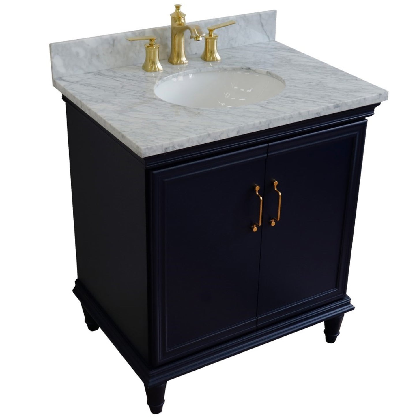 31" Single vanity in Blue finish with White Carrara and oval sink