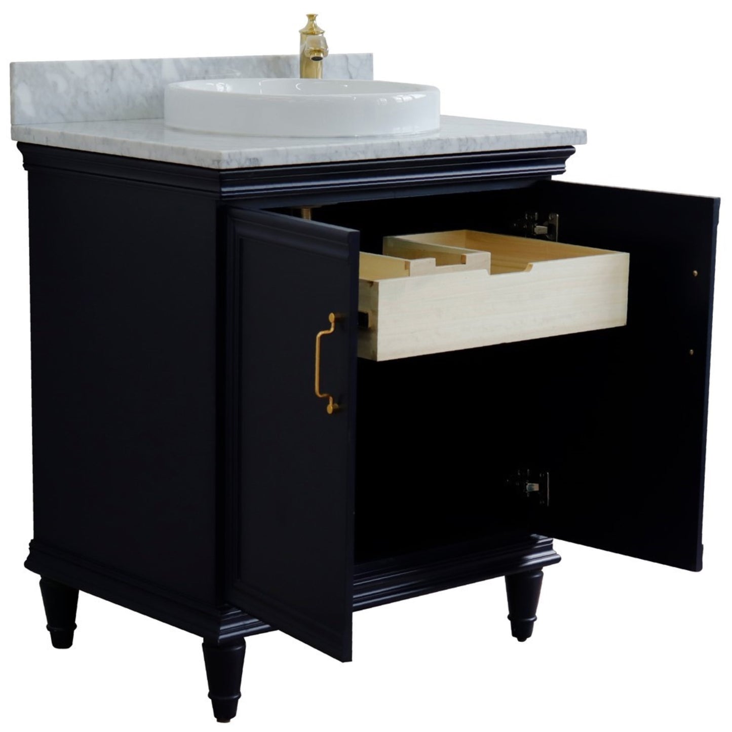 31" Single vanity in Blue finish with White Carrara and round sink