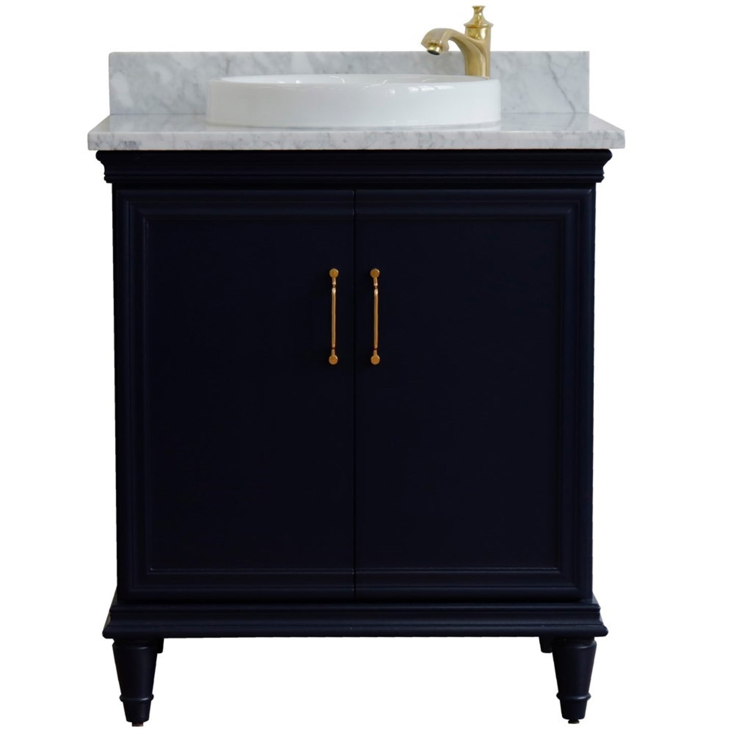 31" Single vanity in Blue finish with White Carrara and round sink
