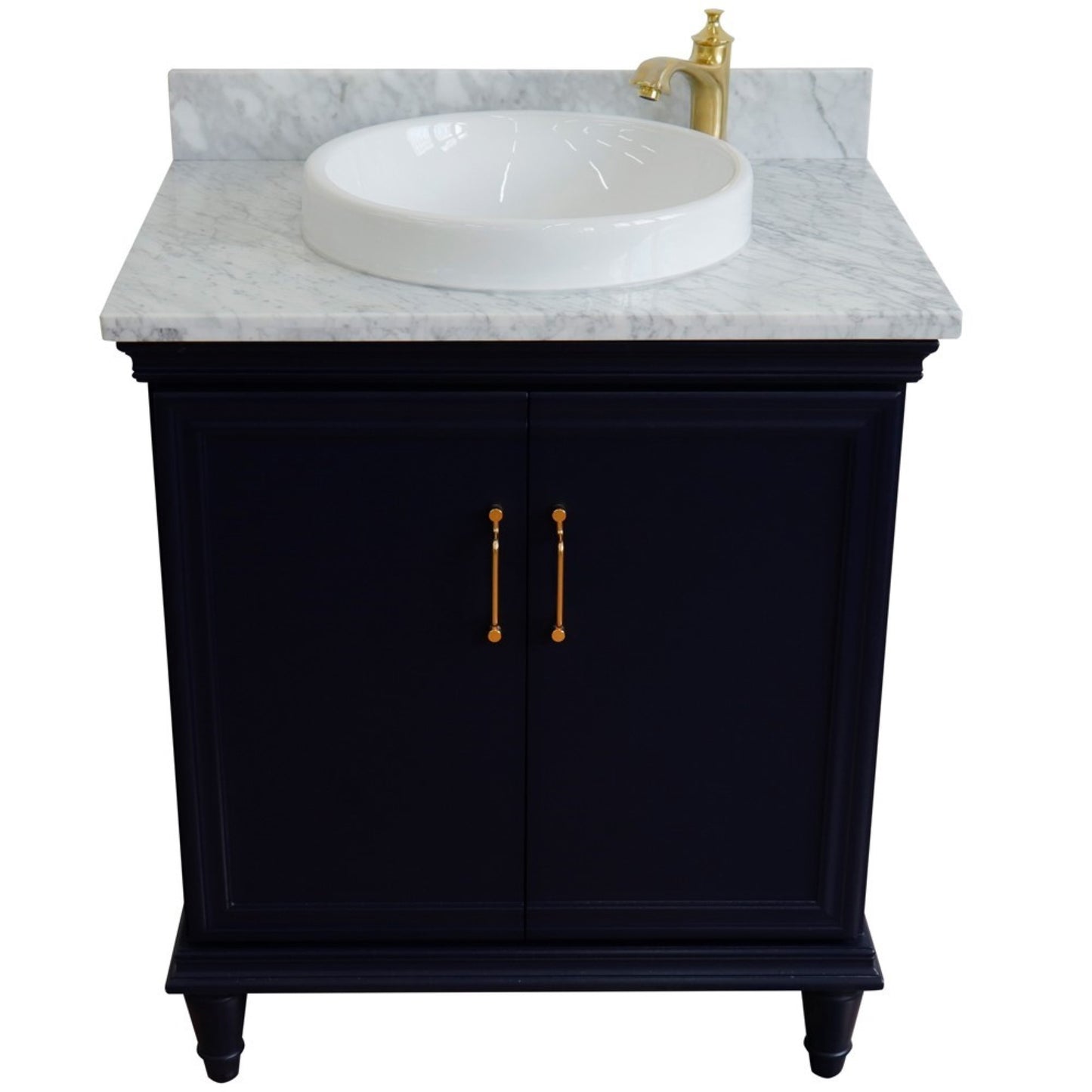 31" Single vanity in Blue finish with White Carrara and round sink