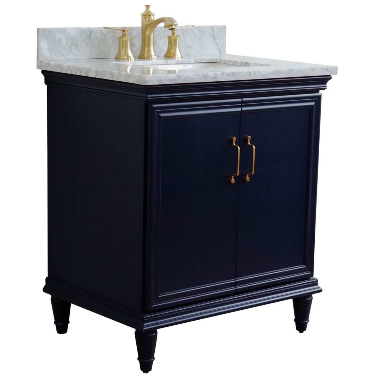 31" Single vanity in Blue finish with White Carrara and rectangle sink