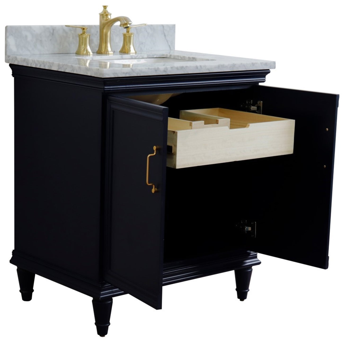 31" Single vanity in Blue finish with White Carrara and rectangle sink