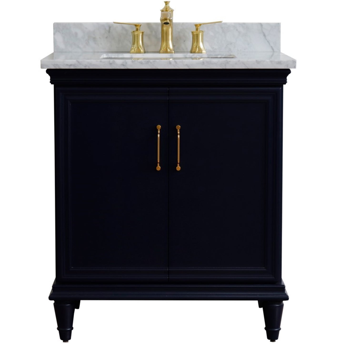 31" Single vanity in Blue finish with White Carrara and rectangle sink