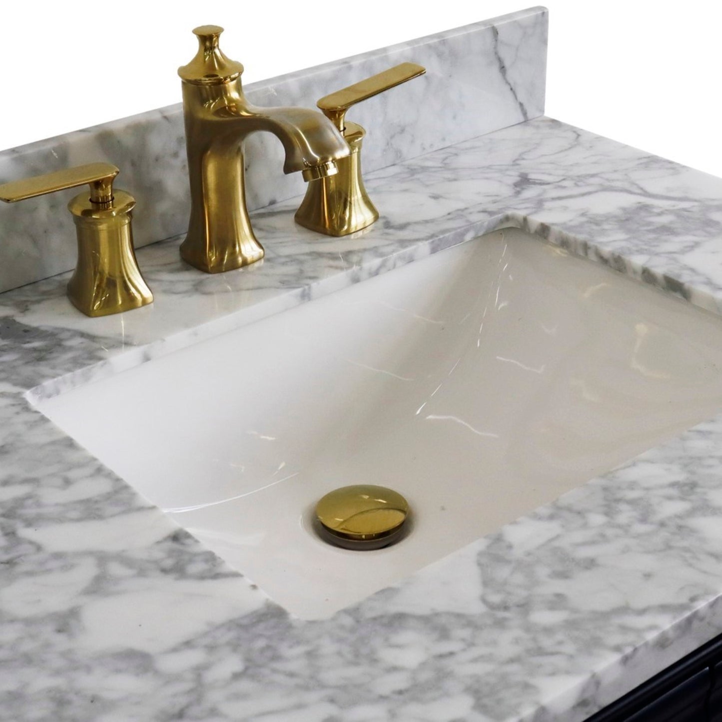 31" Single vanity in Blue finish with White Carrara and rectangle sink