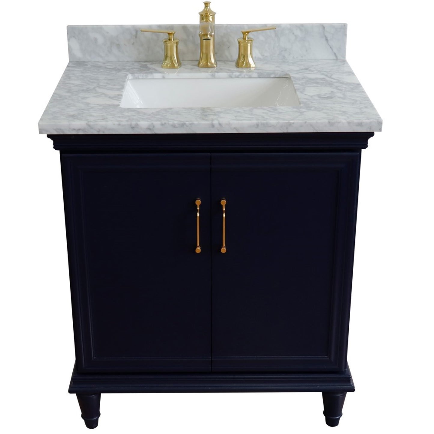 31" Single vanity in Blue finish with White Carrara and rectangle sink