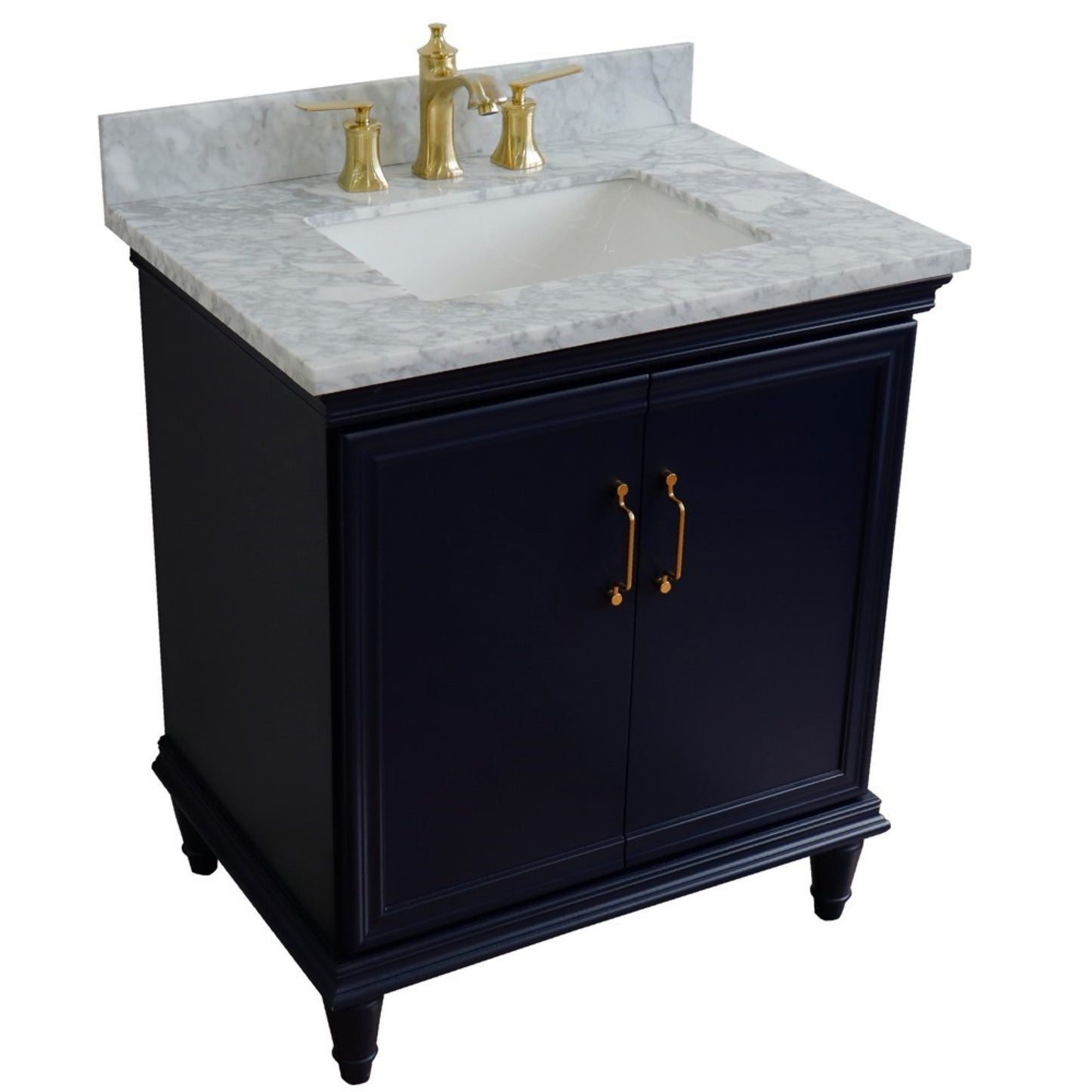 31" Single vanity in Blue finish with White Carrara and rectangle sink