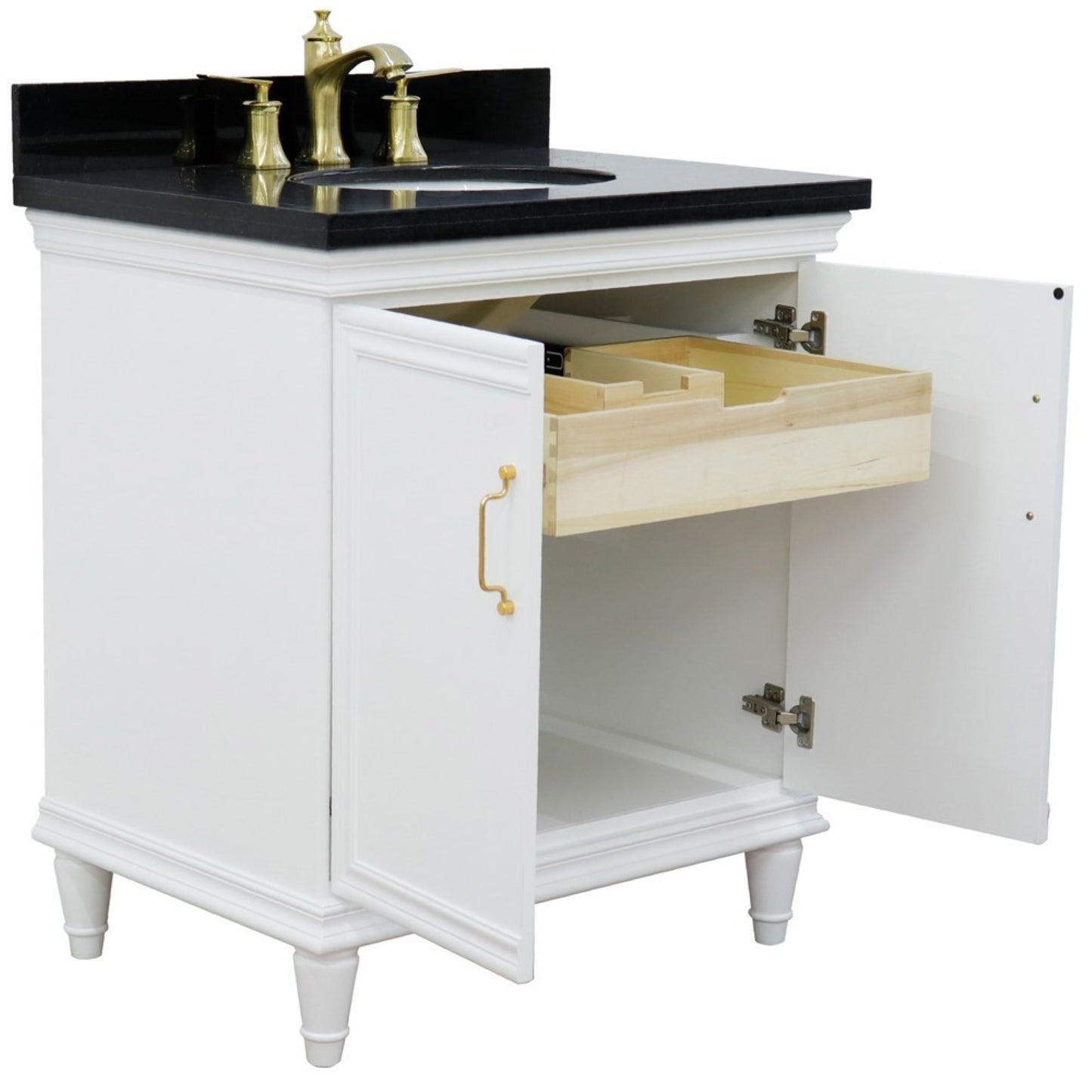 31" Single vanity in White finish with Black galaxy and oval sink
