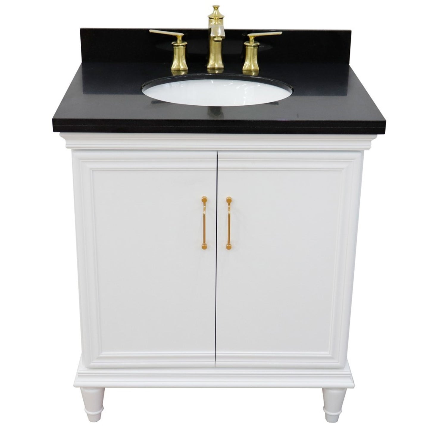 31" Single vanity in White finish with Black galaxy and oval sink