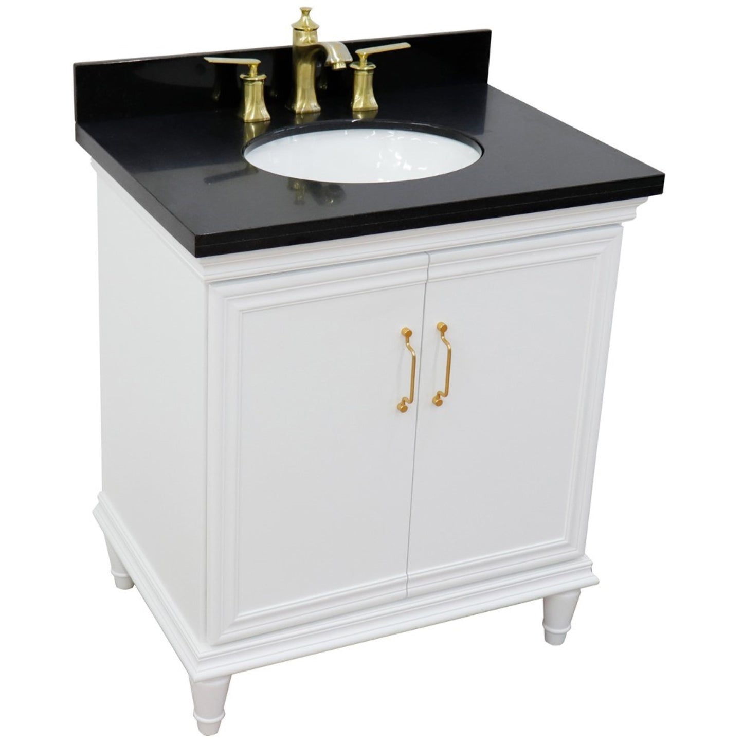 31" Single vanity in White finish with Black galaxy and oval sink
