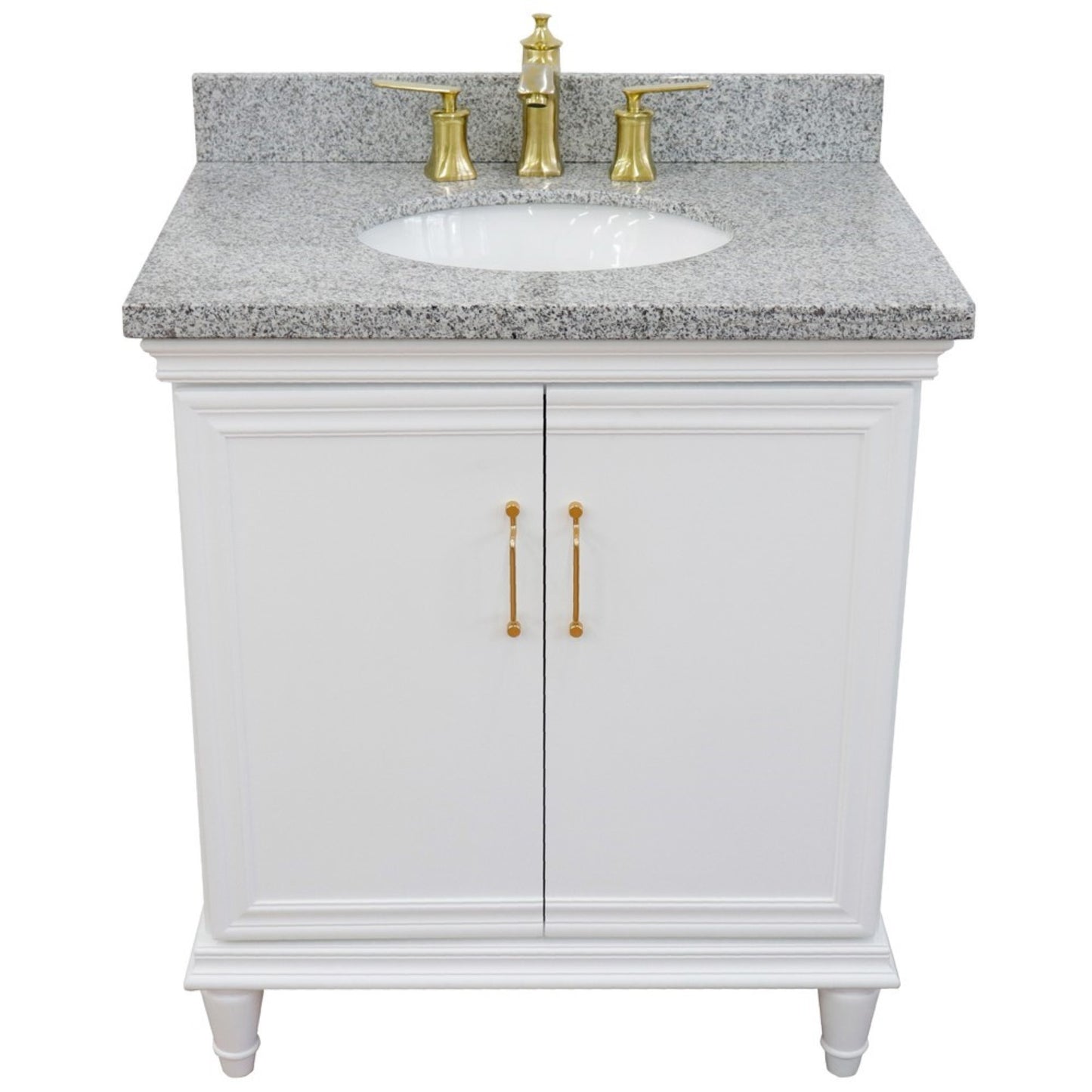 31" Single vanity in White finish with Gray granite and oval sink