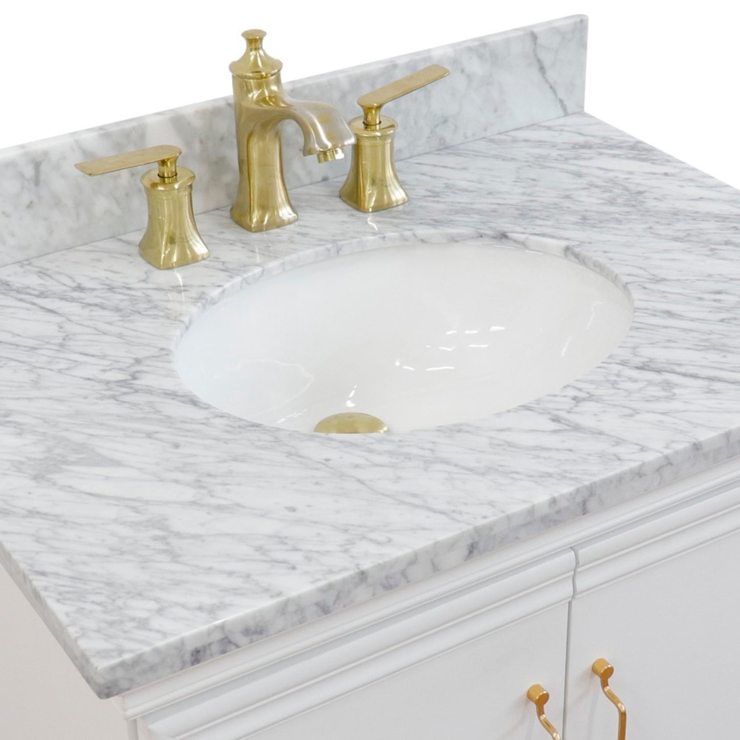 31" Single vanity in White finish with White Carrara and oval sink