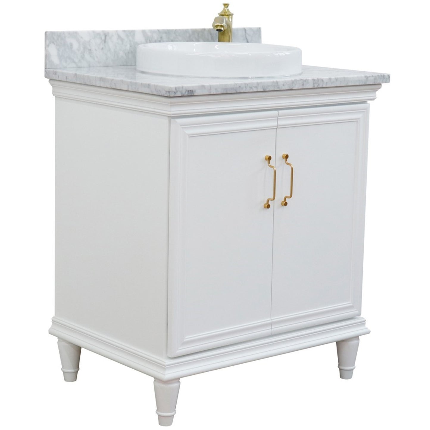 31" Single vanity in White finish with White Carrara and round sink
